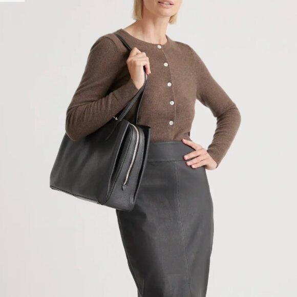 QUINCE Italian Leather Triple Compartment Work Tote Black shoulder bag satchel - Picture 4 of 16